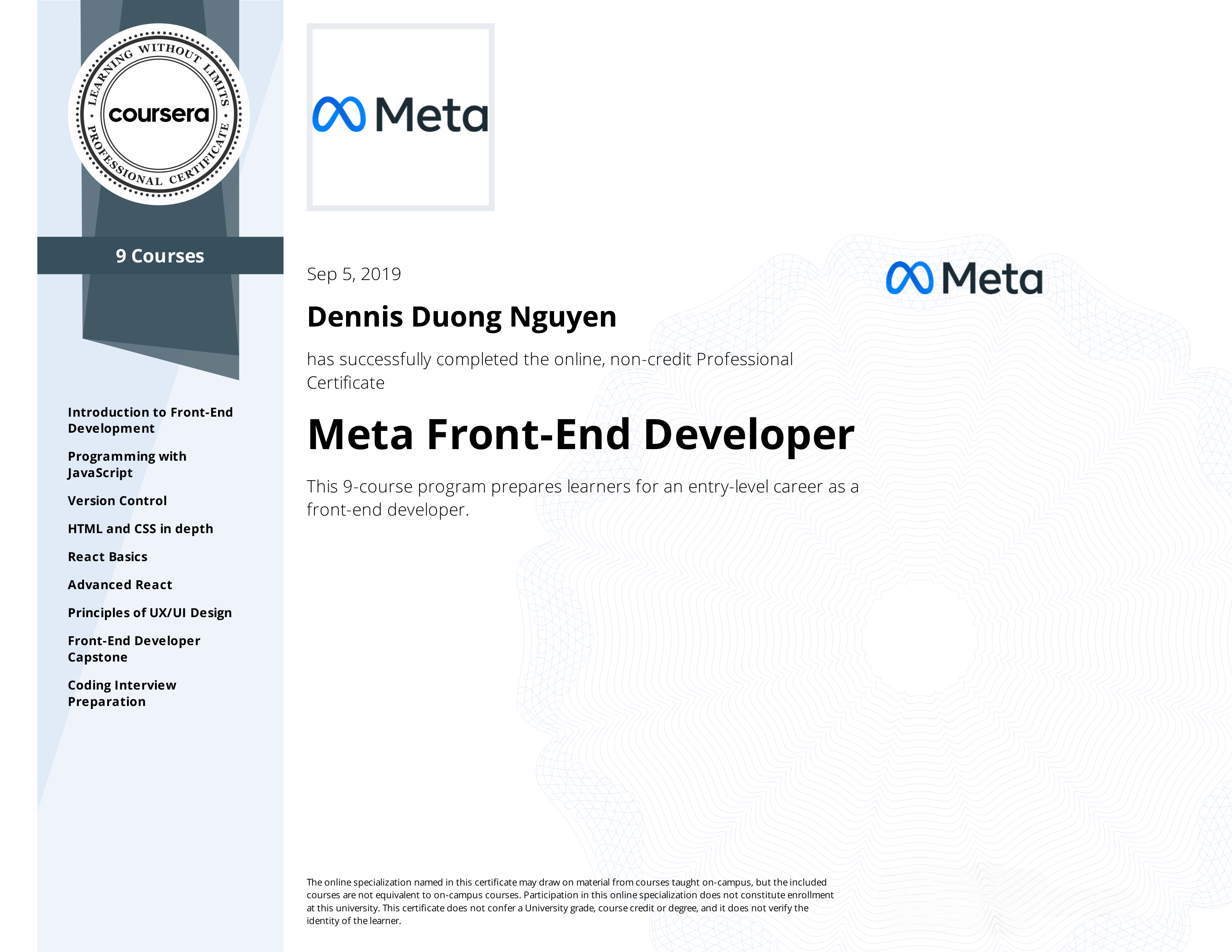 Meta certification or achievement certificate