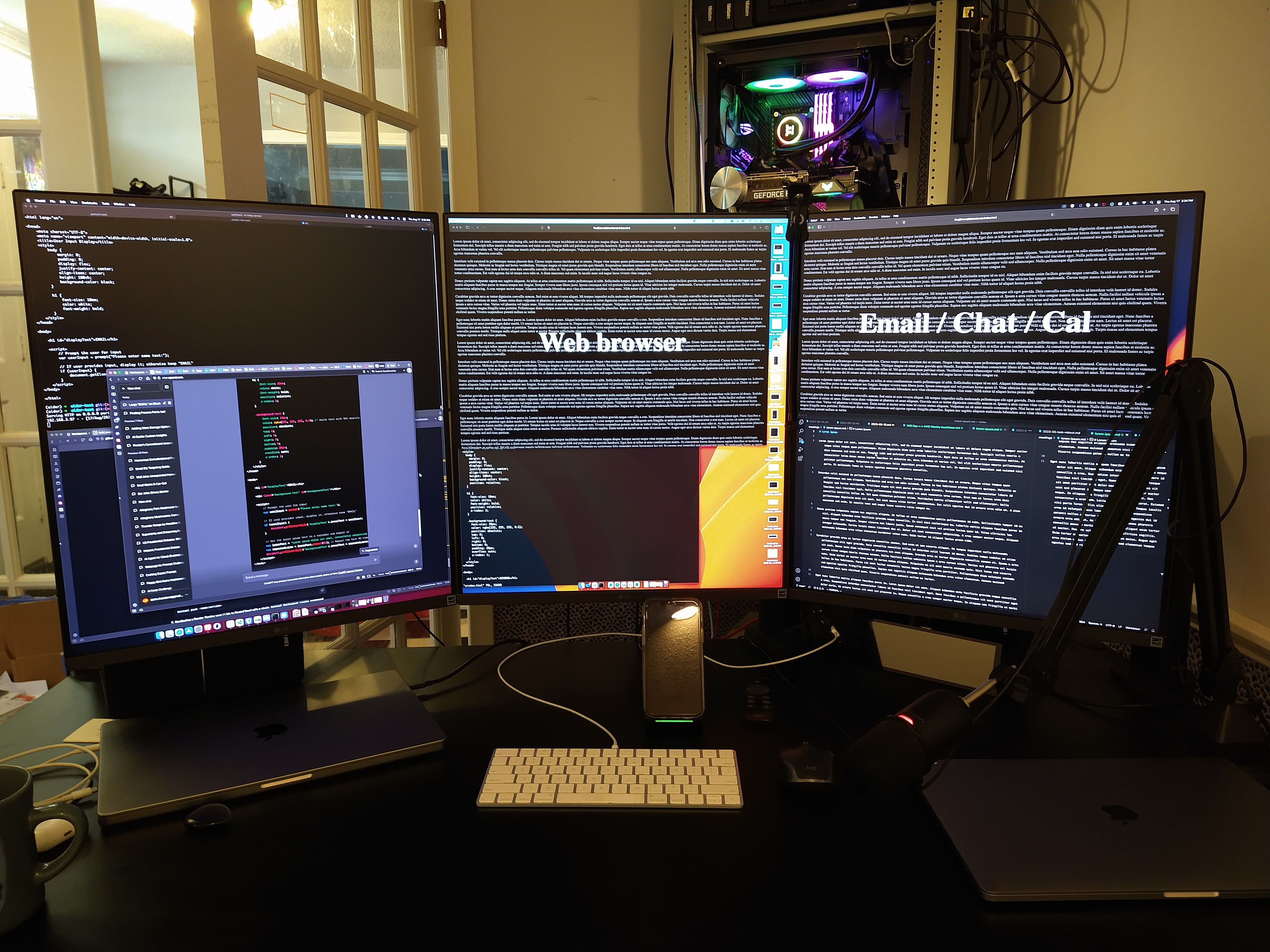 Professional developer workspace with dual monitors and RGB keyboard